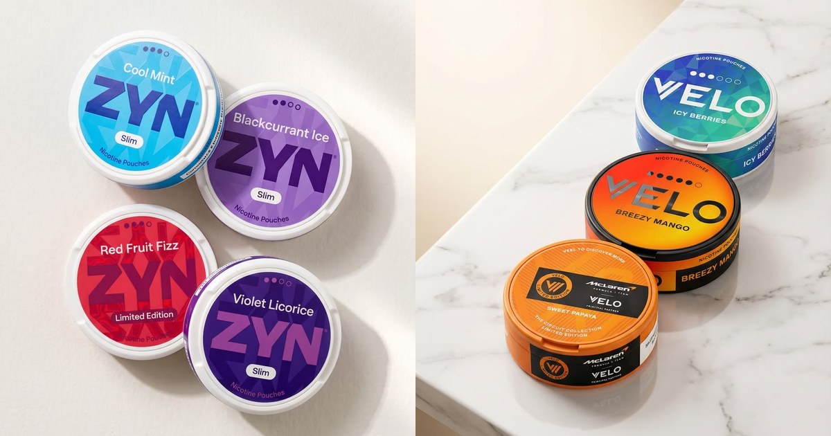 Duas latas redondas de snus lado a lado representando ZYN e VELO