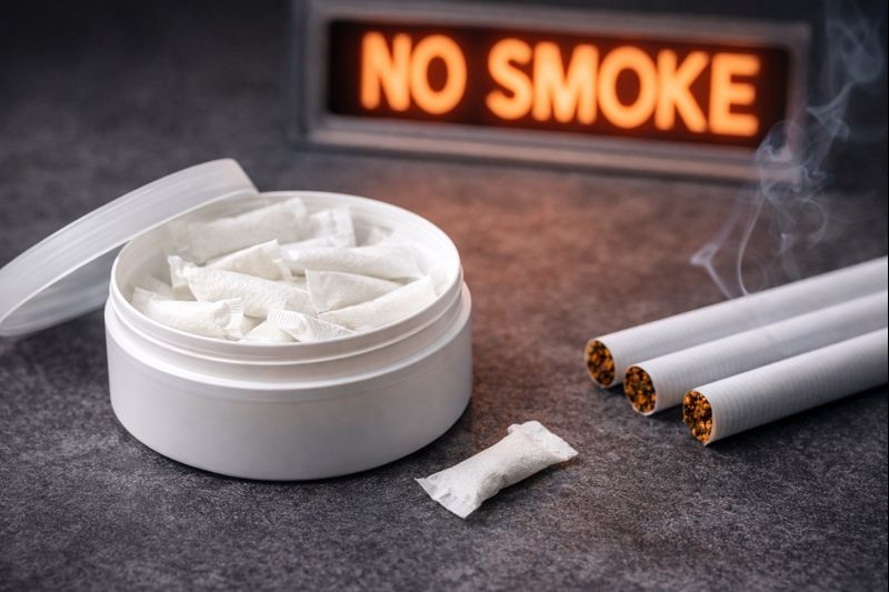 Comparação entre cigarro com fumaça e uma lata de snus (nicotine pouch)